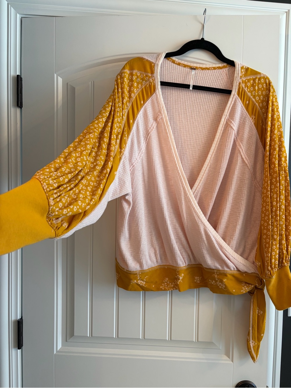 Free People Pink Waffle Wrap Top with Mustard Floral Sleeves